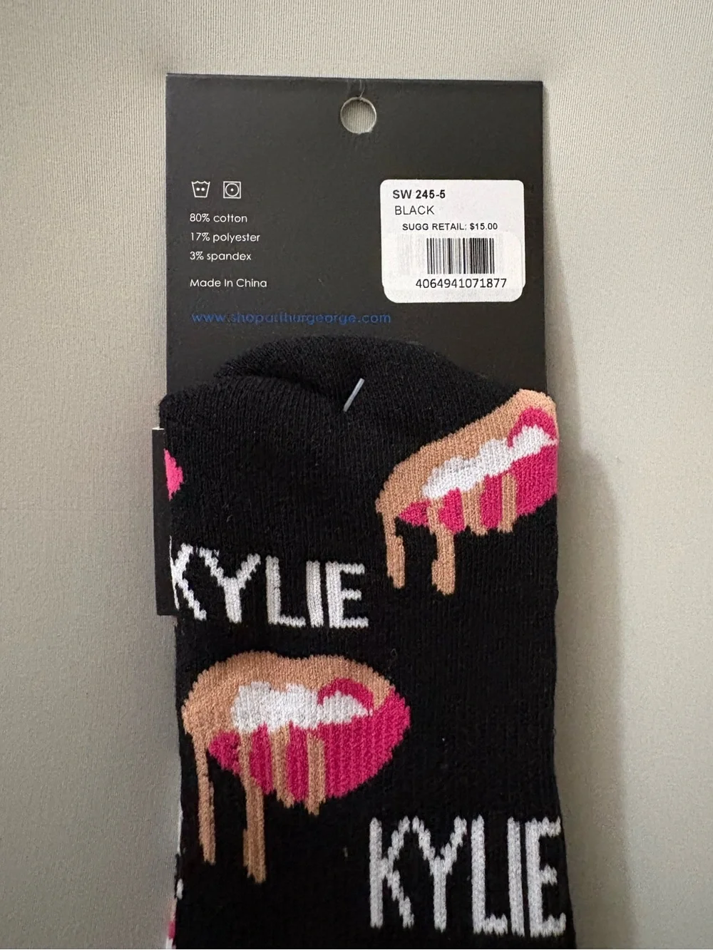 Arthur George Black No-Show Socks with Pink & Tan Dripping Lip Design